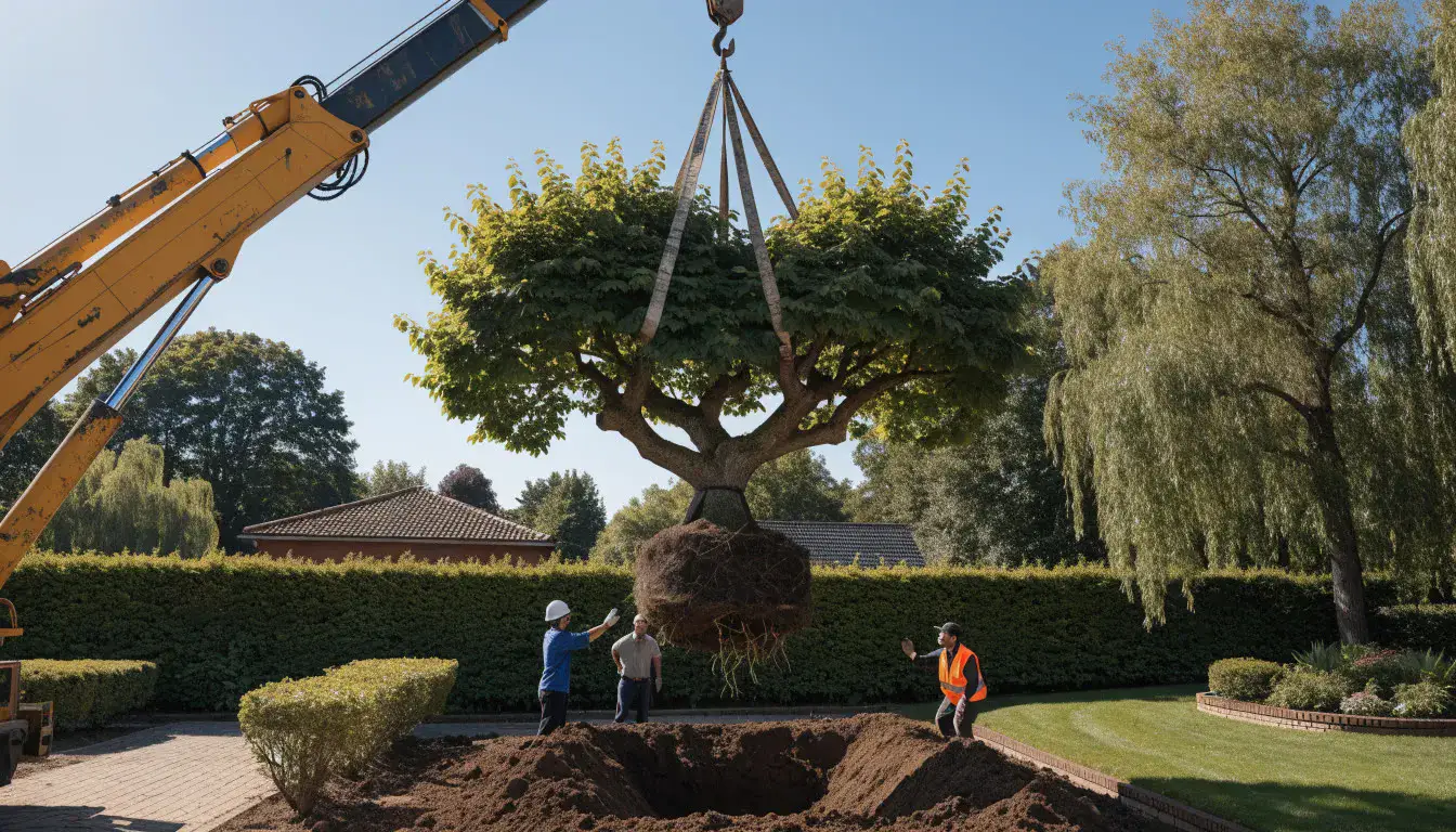 Großbaum wird mit einem Spezialkran in den Garten eingehoben