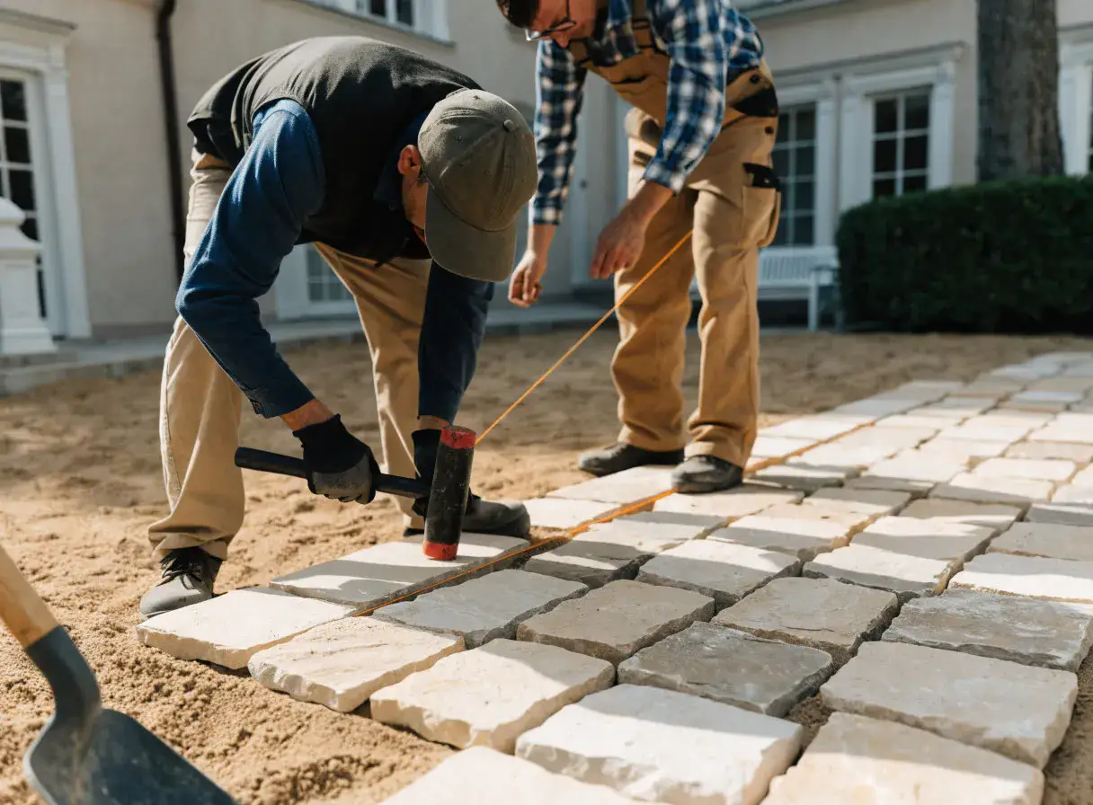 Handwerker verlegen Natursteinpflaster in einer Einfahrt