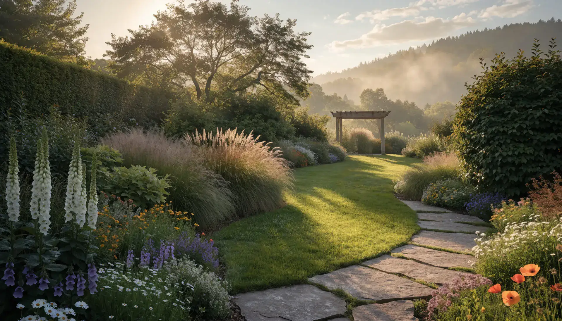 Weitläufige Gartenanlage im Abendlicht