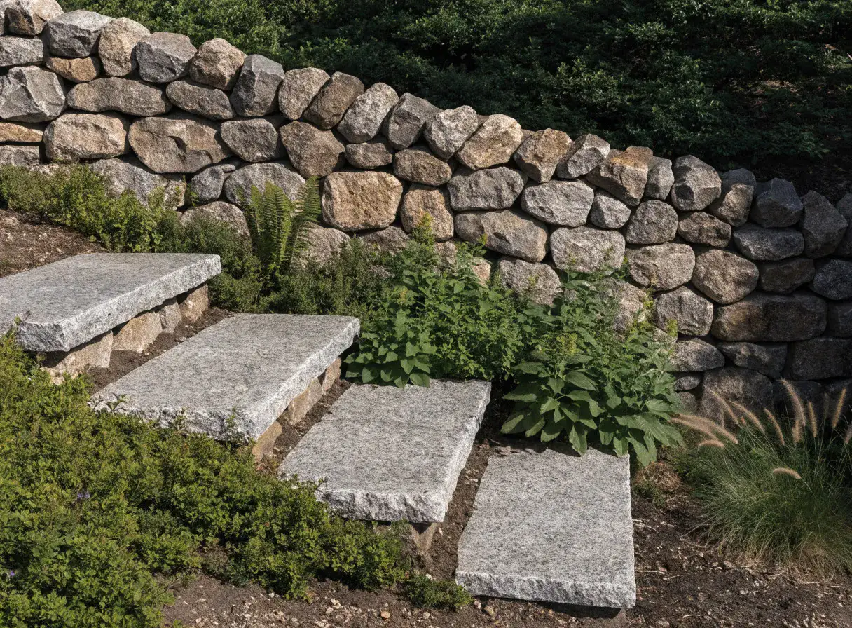 Natursteinmauer und Steinstufen im Garten