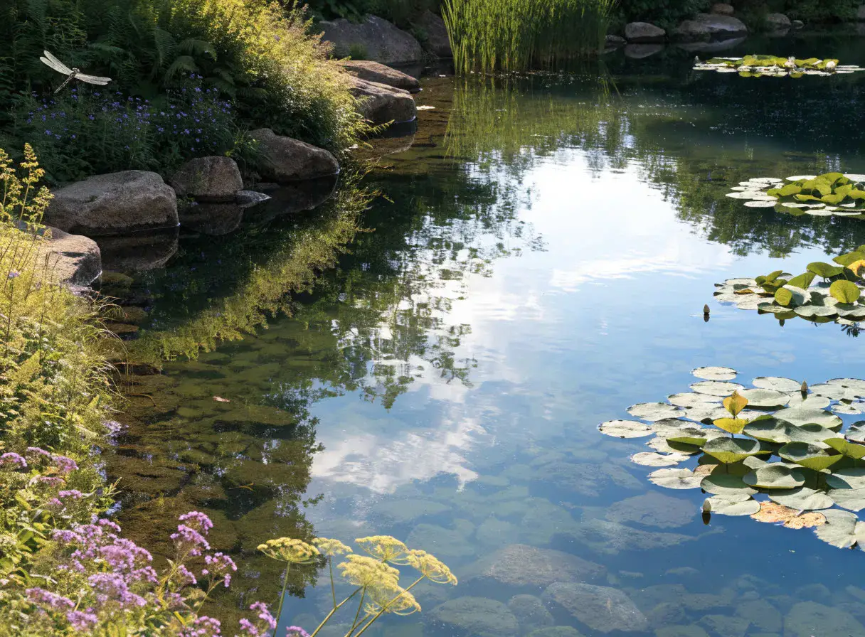 Naturnaher Gartenteich mit Seerosen und klarem Wasser
